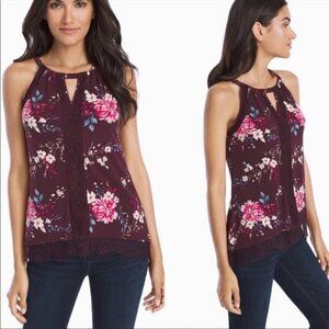 WHBM Floral Print Lace Trim Maroon Tank, Size Large
